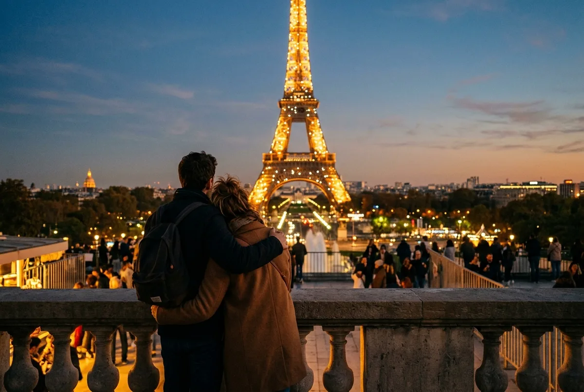 Coppia di viaggiatori sulla terrazza del Trocadéro a Parigi al crepuscolo con la Torre Eiffel illuminata sullo sfondo, dove vedere la torre eiffel illuminata