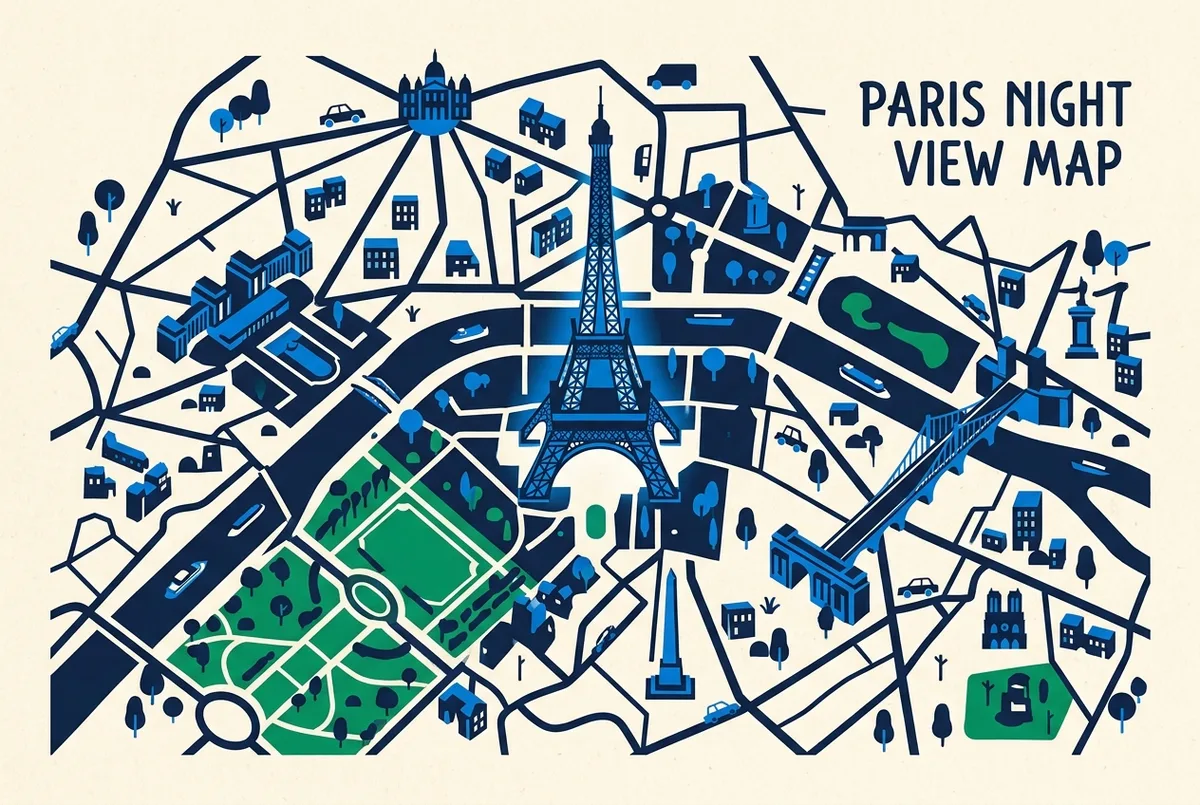Mappa illustrata dei punti di osservazione della Torre Eiffel illuminata con Trocadéro, Champ de Mars, Pont de Bir-Hakeim e la Senna, dove vedere la torre eiffel illuminata, etichette generiche