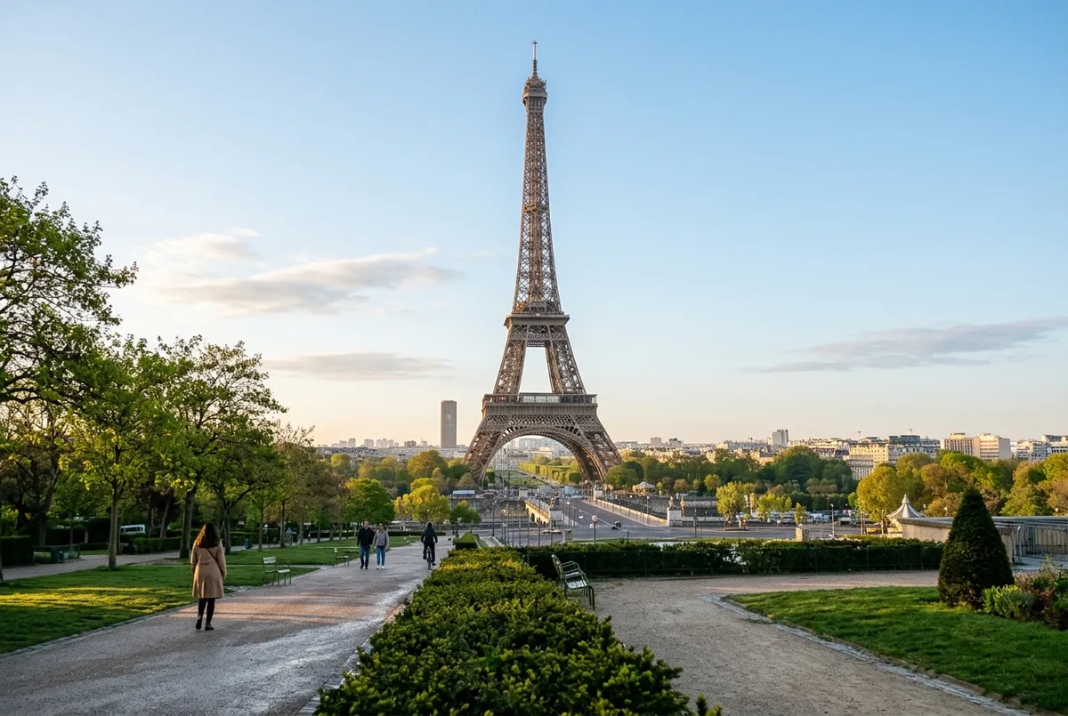 Eiffel Tower in soft morning light with few visitors and clear blue sky, the best time to visit the Eiffel Tower