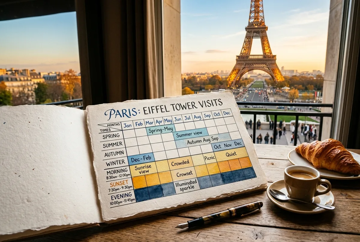 Month by month planning chart for the Eiffel Tower with generic labels: Spring, Summer, Autumn, Winter, Morning, Sunset, Evening