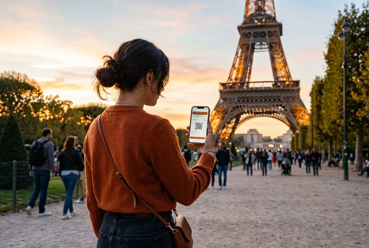 Traveler holding a phone with a mobile ticket in front of the Eiffel Tower at golden hour, buy eiffel tower tickets scene in Paris