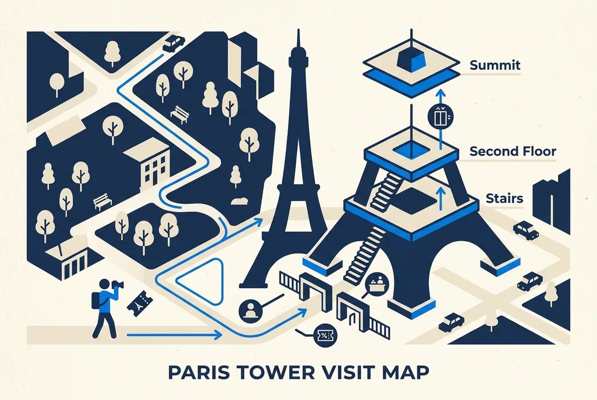 Infographic map of the Eiffel Tower showing the entrance, the ticket booking route and the three visit levels: Stairs, Second Floor and Summit