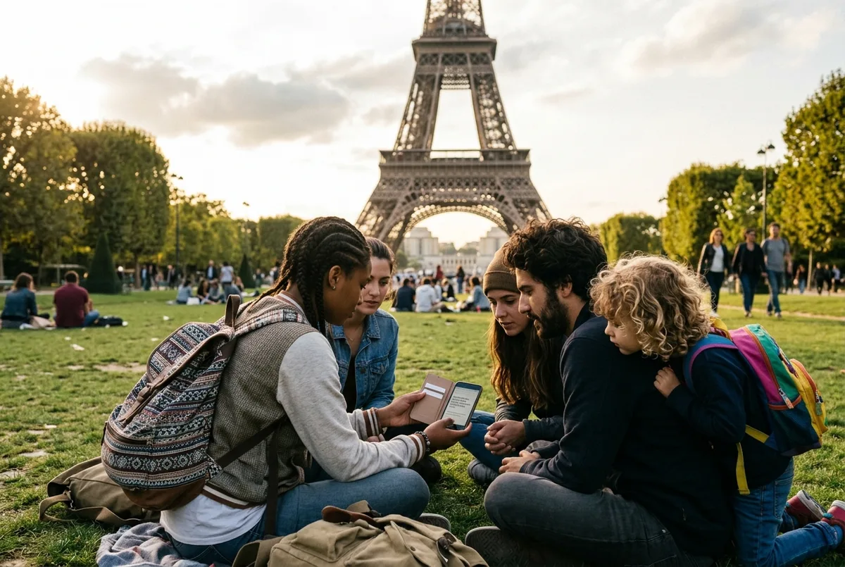 Group of young travelers and a child comparing ticket prices on a phone on the Champ de Mars lawn with the Eiffel Tower behind them, cheap Eiffel Tower tickets