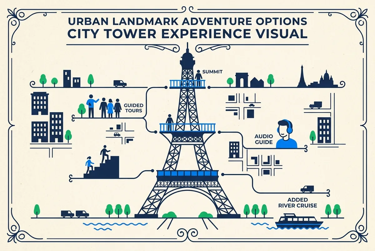 Comparison infographic style graphic of Eiffel Tower ticket options by level, with generic labels: Stairs, Second Floor, Summit, Guided, Audioguide, Cruise