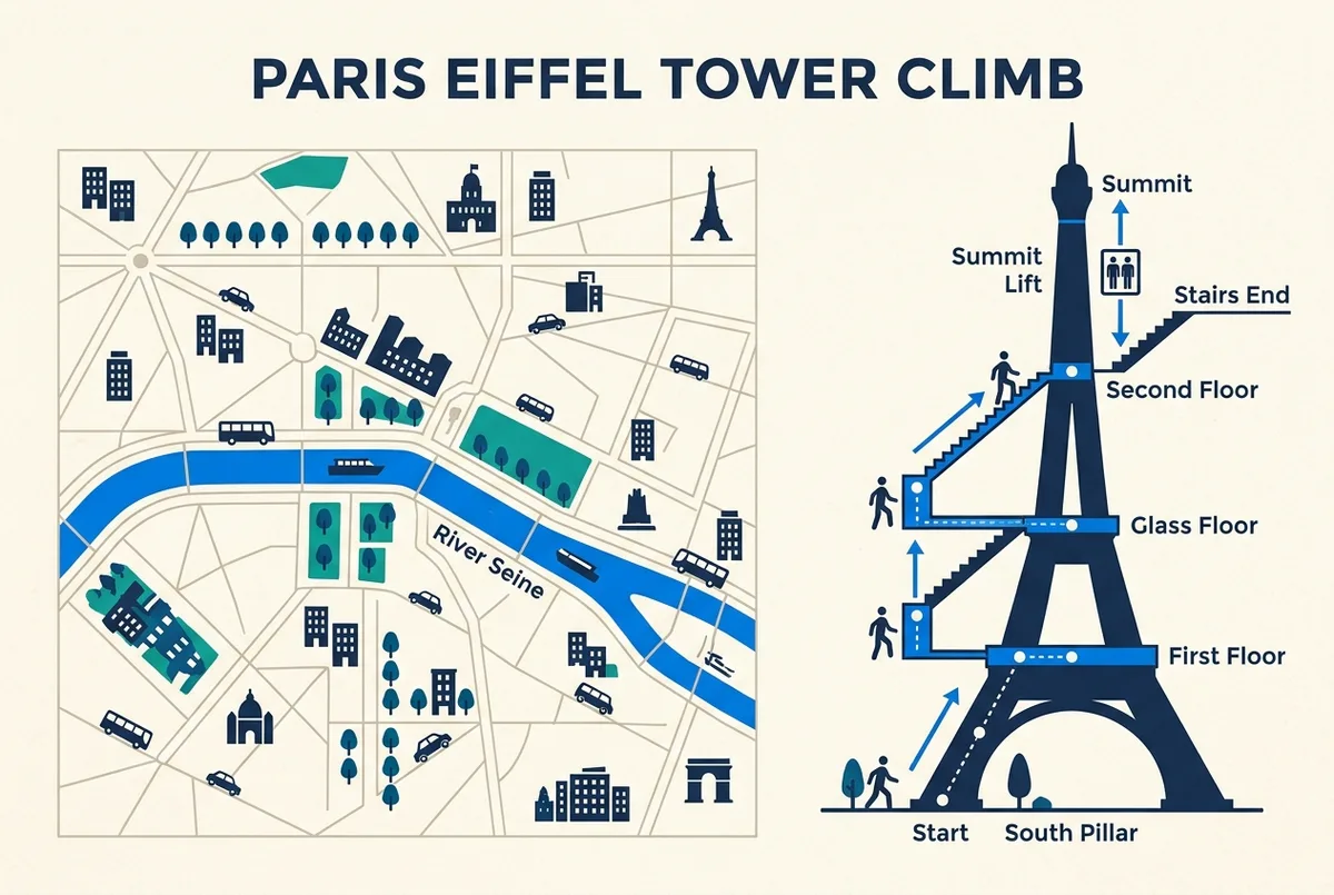 Infographic style map of the Eiffel Tower climbing route with generic labels: Start, South Pillar, First Floor, Glass Floor, Second Floor, Summit Lift, showing where the stairs end