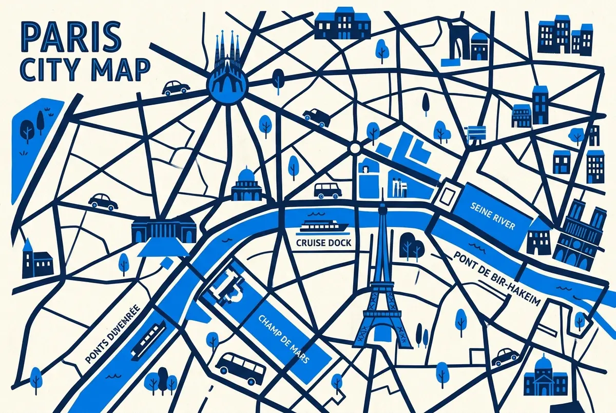 Map-style graphic with generic labels: Eiffel Tower, Trocadero, Champ de Mars, Seine River, Cruise Dock, Pont de Bir-Hakeim