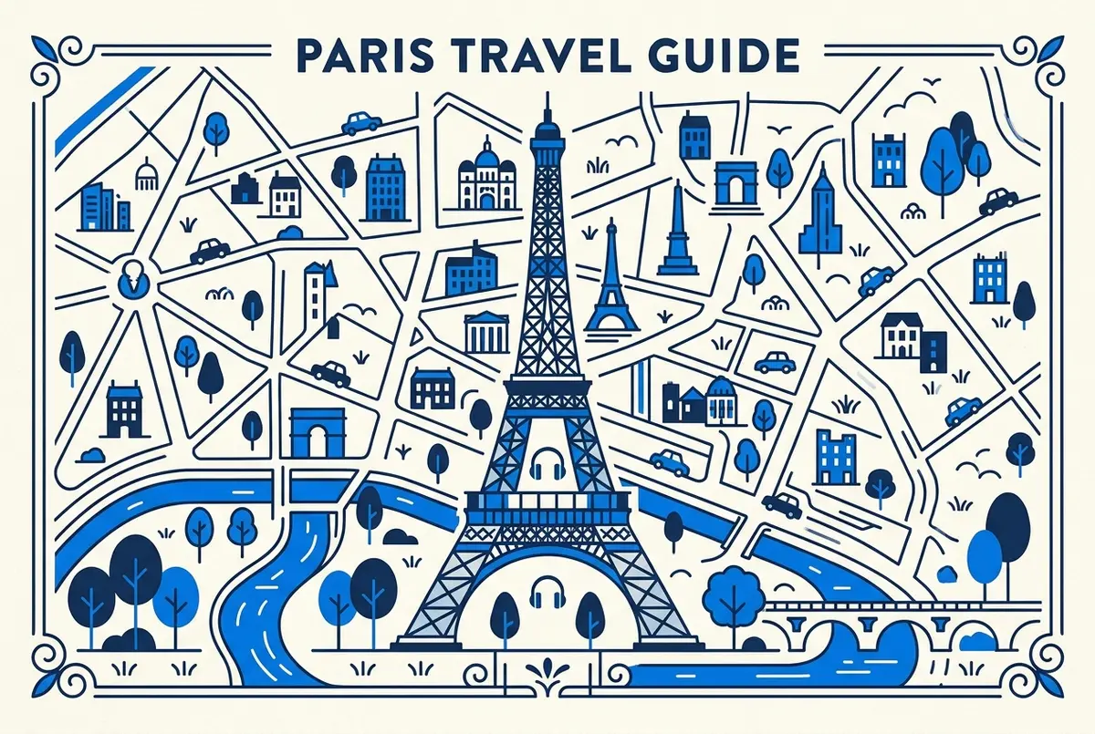 illustrated map of Paris highlights for Eiffeltoren audiogids (Eiffel Tower audio guide): zelf op pad met uitleg, eiffeltoren audiogids