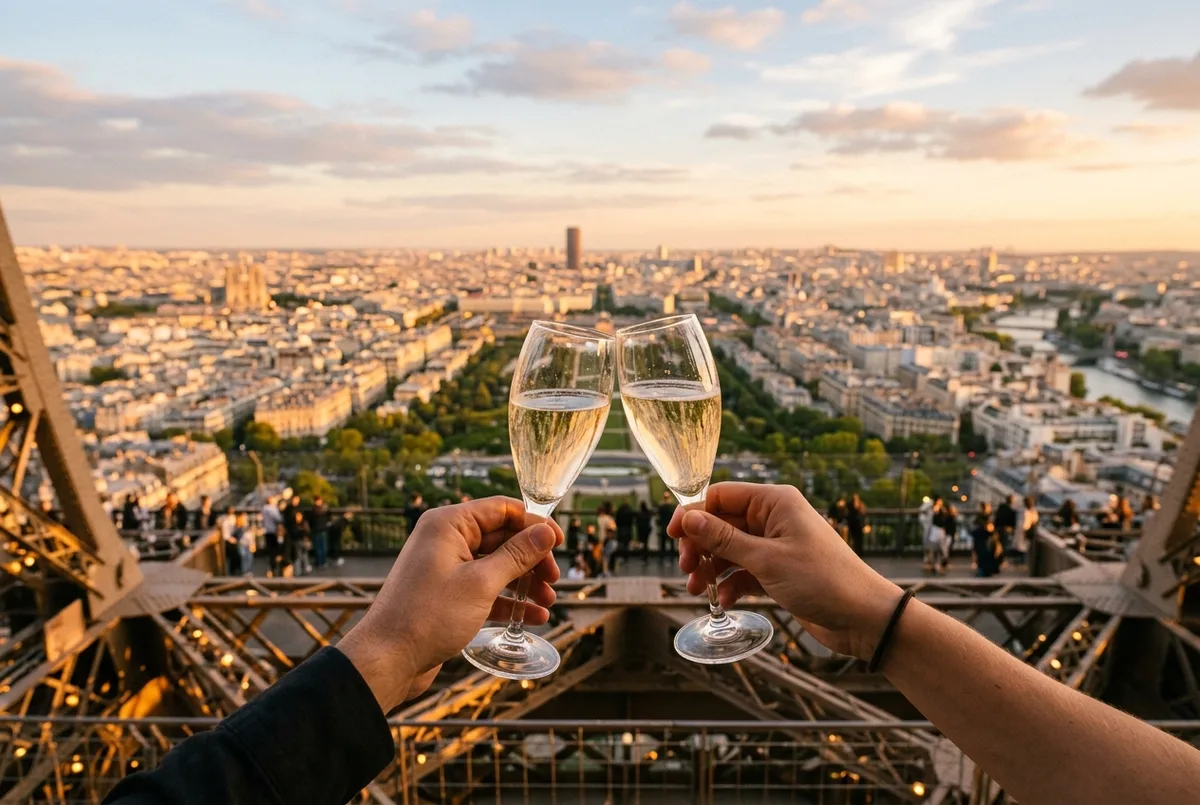 two champagne flutes held up at the Eiffel Tower summit with the Paris skyline glowing in soft golden light behind them