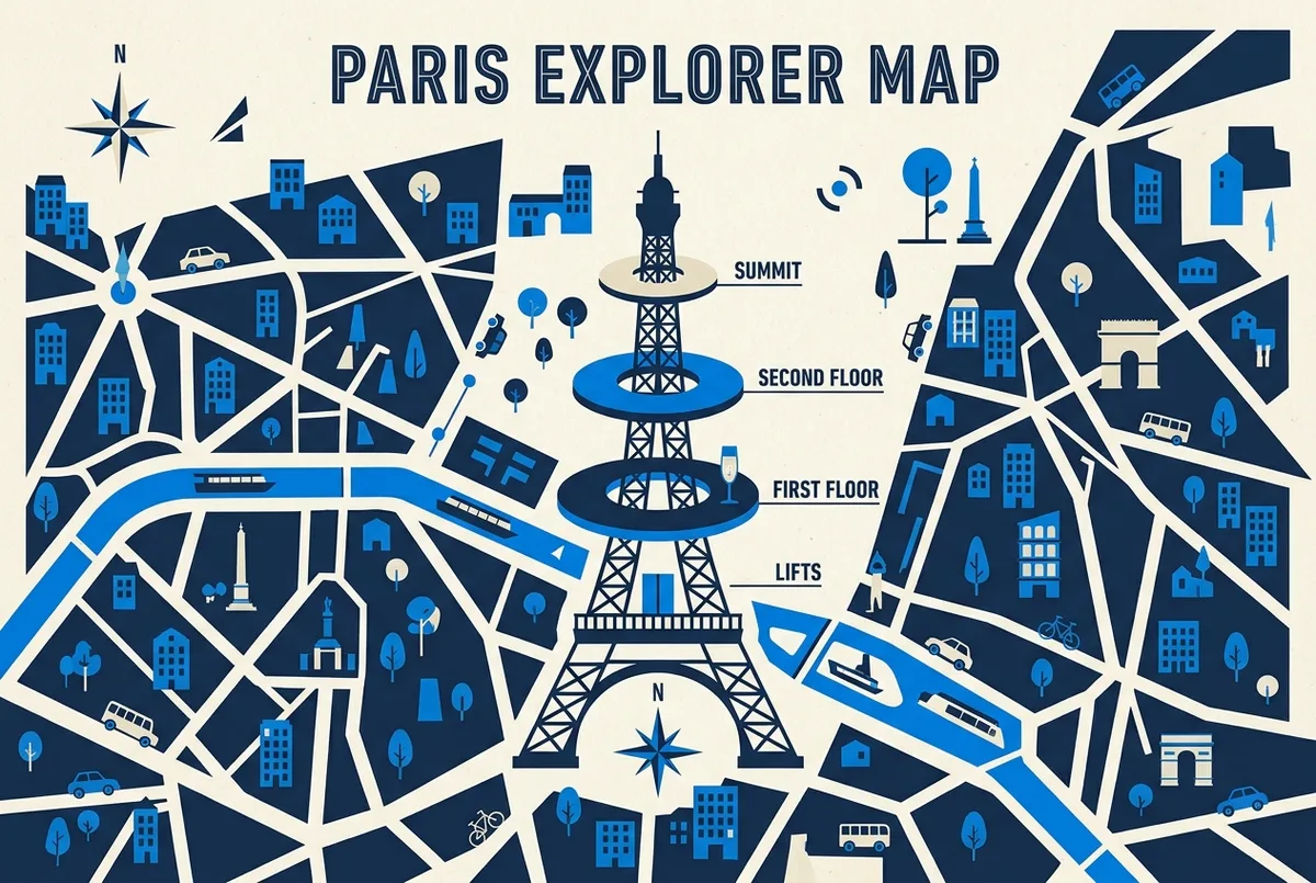 Diagram-style graphic with generic labels: Eiffel Tower, First Floor, Second Floor, Summit, Champagne Bar, Lift
