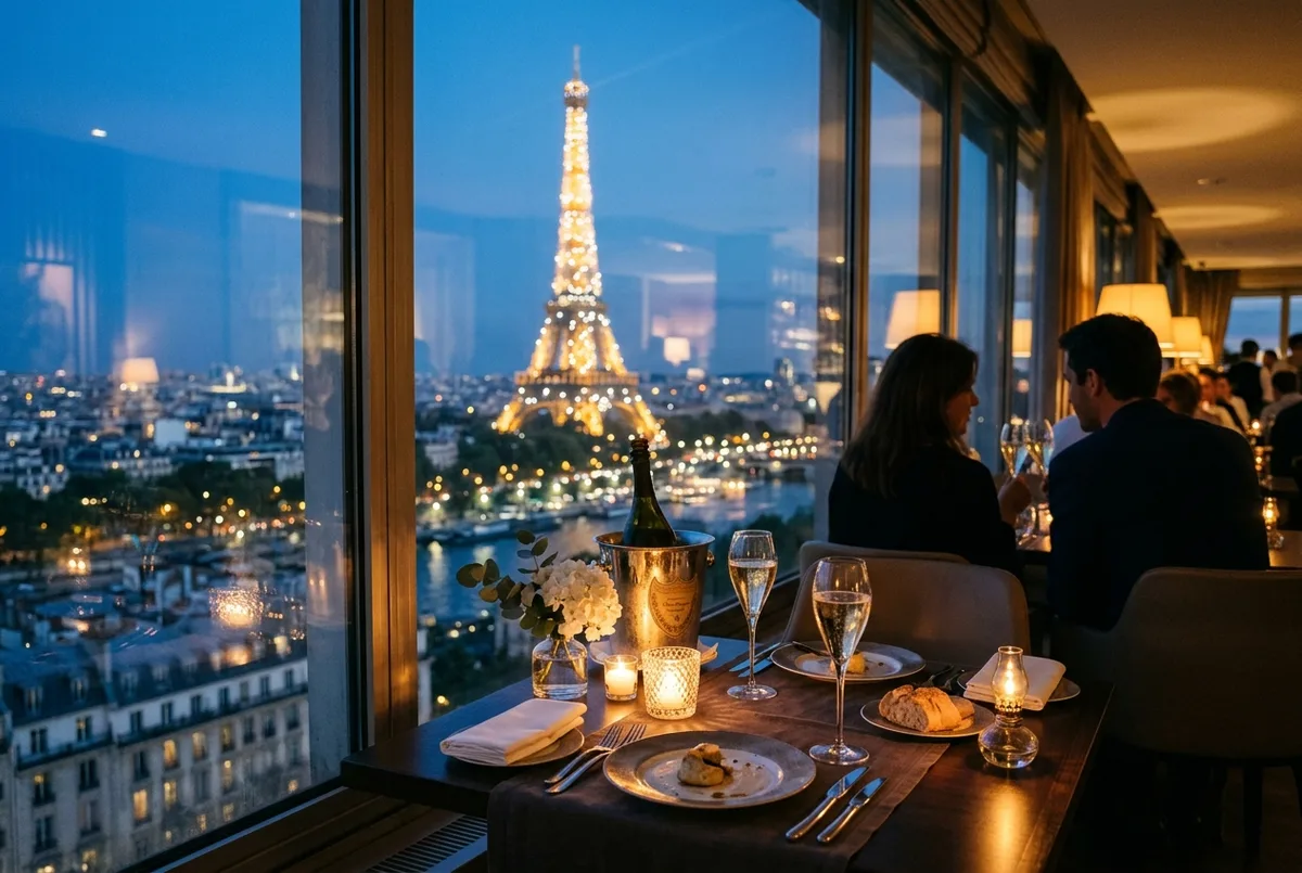 Casal a jantar junto a uma janela panorâmica com a cidade de Paris ao entardecer, jantar na torre eiffel