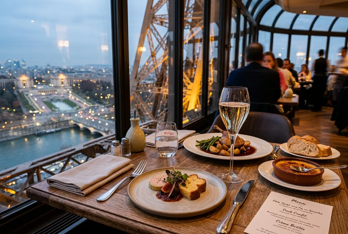 Menu a tre portate con calice di Champagne su un tavolo della brasserie al primo piano della Torre Eiffel, cena sulla torre eiffel prezzo