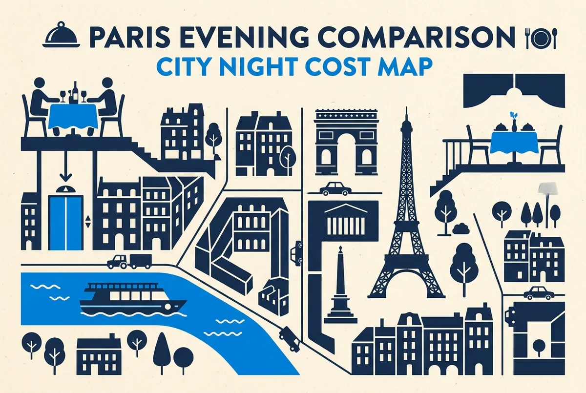 Infografica illustrata a confronto delle voci di spesa di una serata alla Torre Eiffel, cena nel primo piano, biglietto con ascensore e crociera sulla Senna, cena sulla torre eiffel prezzo, etichette generiche