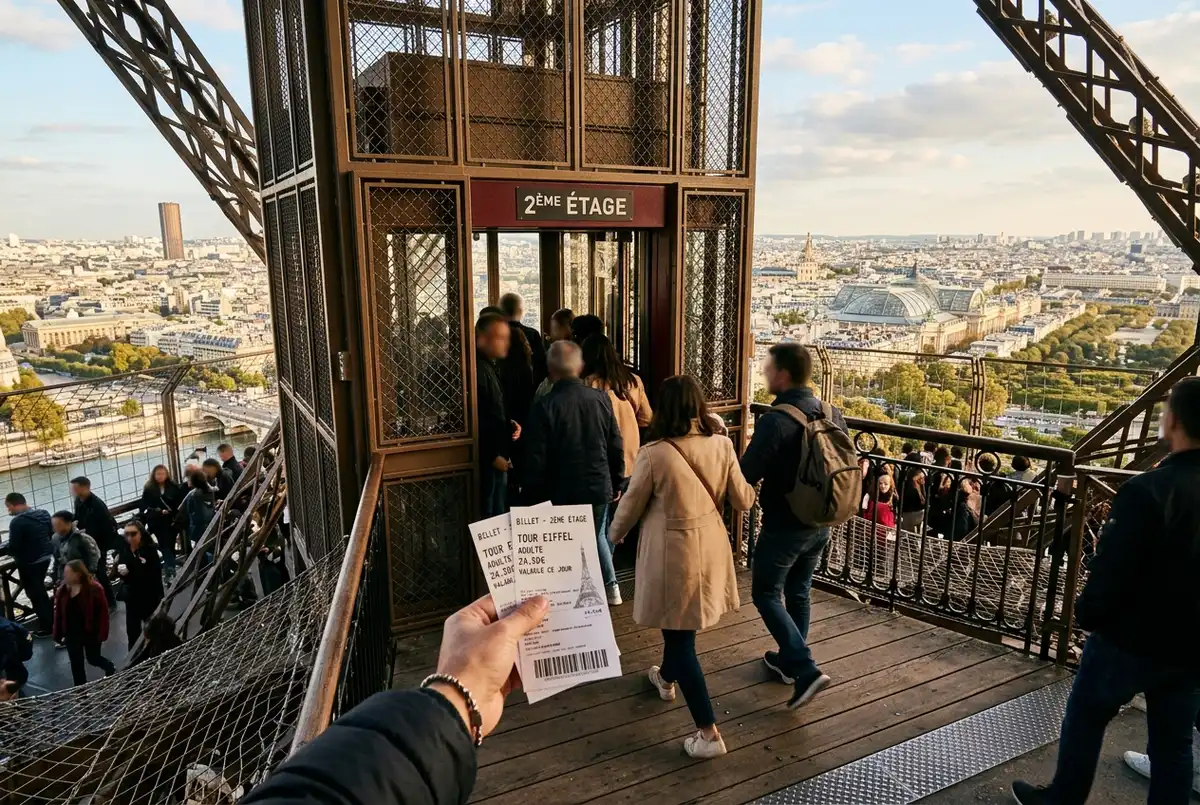 Visitors stepping out of an Eiffel Tower elevator onto the second floor deck with the Paris skyline behind them, Eiffel Tower elevator tickets