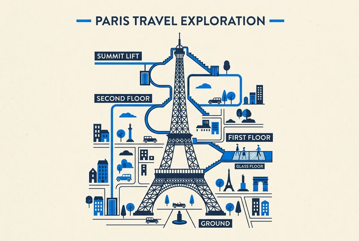 Infographic style diagram of the Eiffel Tower lift route with generic labels: Ground, First Floor, Second Floor, Summit Lift, Glass Floor, showing which level each ride reaches