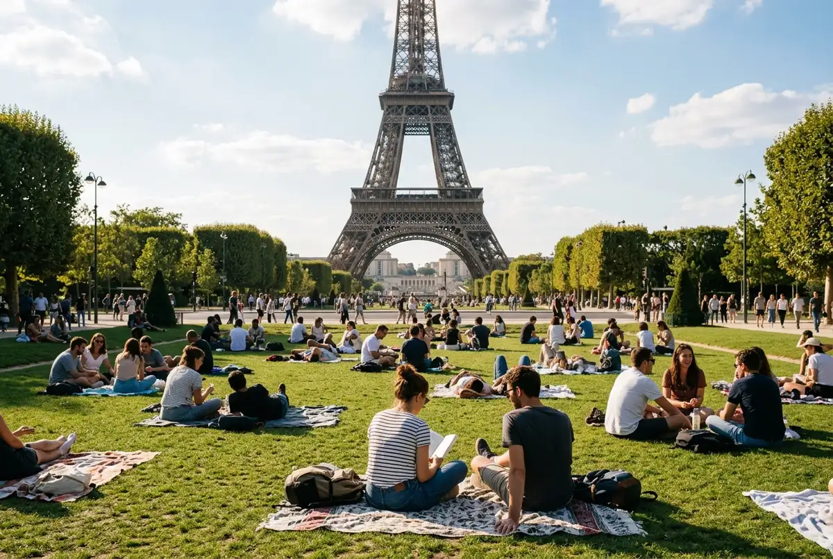 visitors relaxing on the Champ de Mars lawn with the Eiffel Tower rising behind them on a sunny afternoon, free ways to enjoy the Eiffel Tower