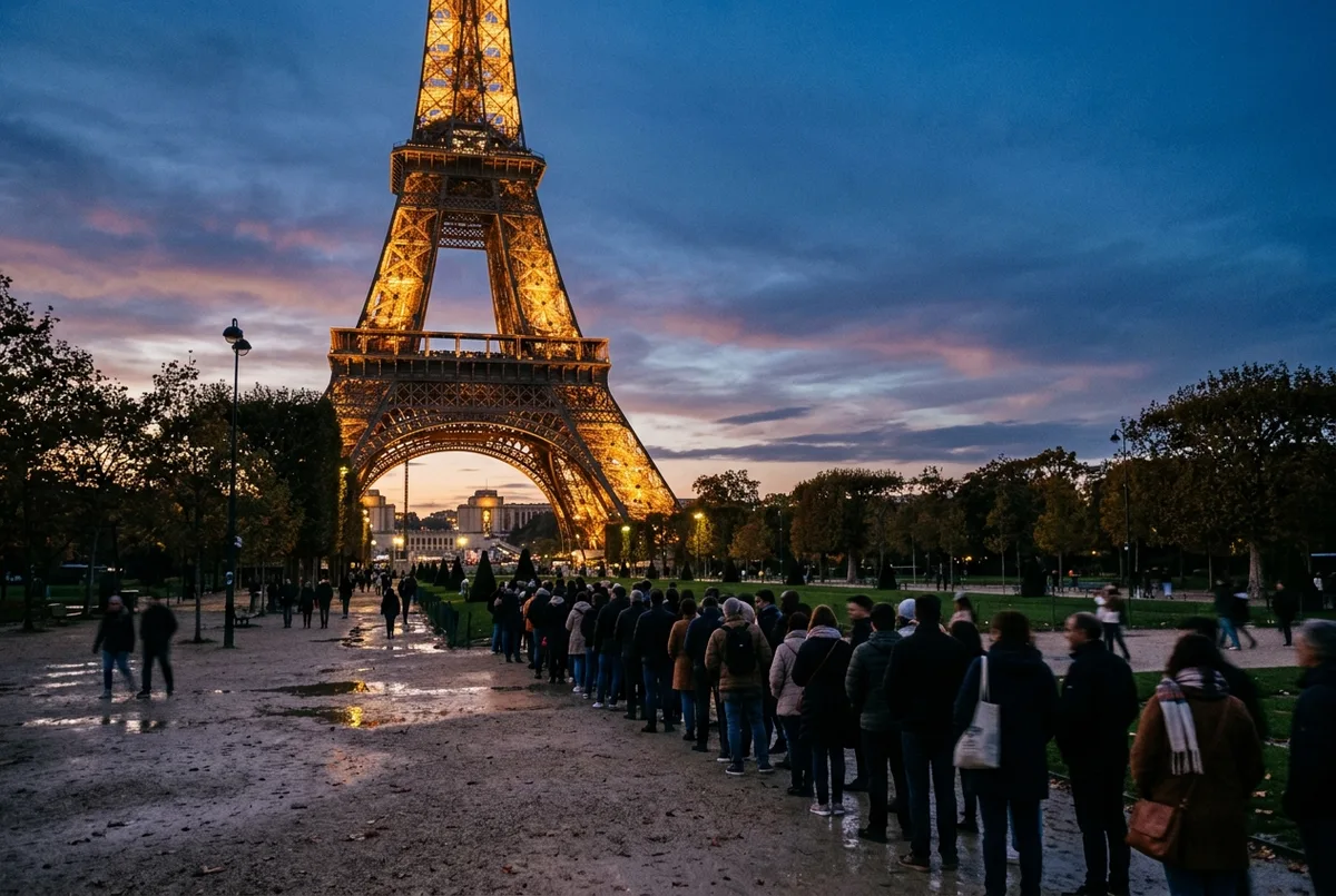 Torre Eiffel illuminata al crepuscolo con visitatori in coda all'ascensore per l'ultimo ingresso serale, fino a che ora si può salire sulla torre eiffel