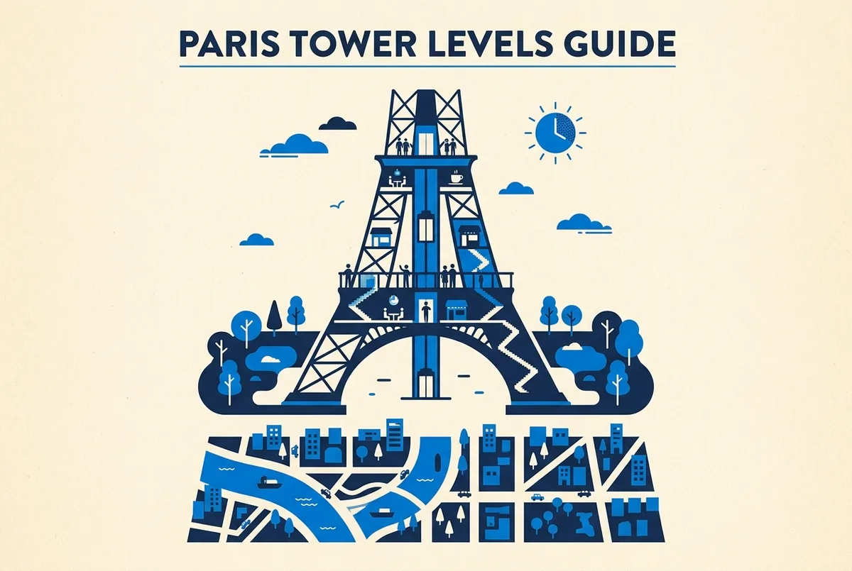 Mappa illustrata dei livelli della Torre Eiffel con primo piano, secondo piano e cima e ascensori indicati, fino a che ora si può salire sulla tour eiffel