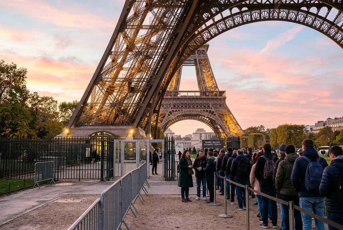 Eiffel Tower entrance at dawn with the first visitors queuing under soft pink light, planning around Eiffel Tower opening hours