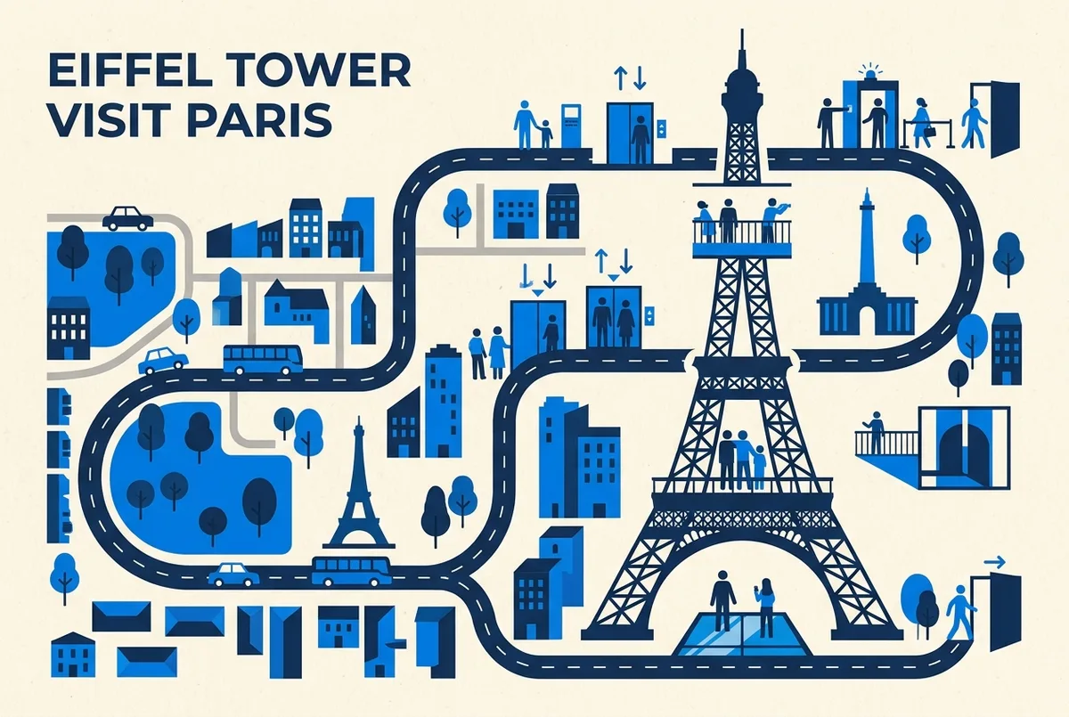 Timeline infographic of an Eiffel Tower visit with generic labels: Security, Lift, Second Floor, Summit, Glass Floor, Exit