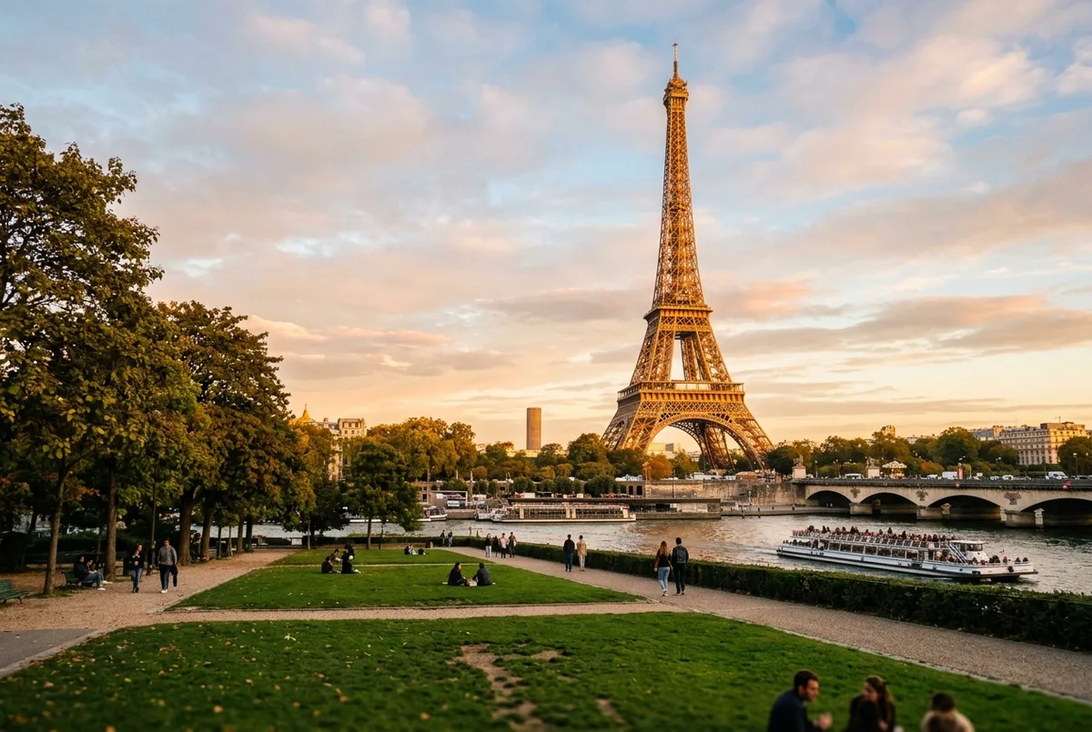 the Eiffel Tower in Paris France seen across the Seine at golden hour with the Champ de Mars lawn in the foreground
