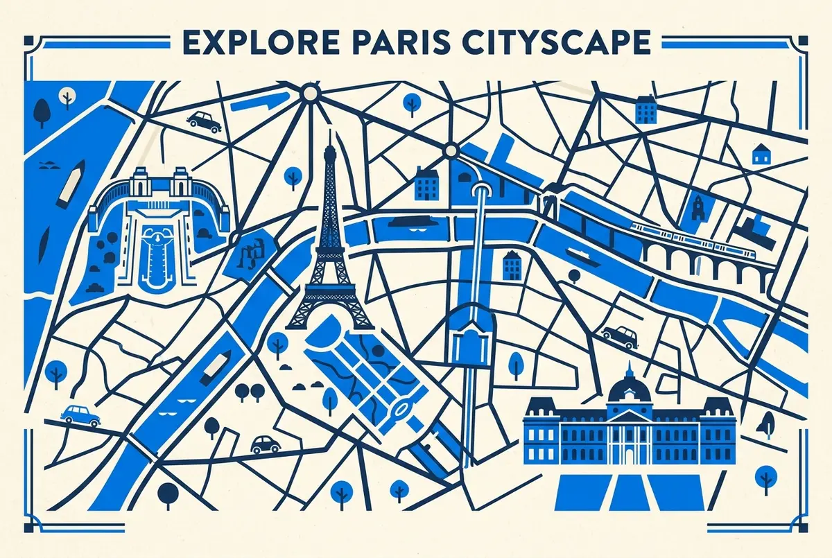 Simple map of Paris with generic labels: Eiffel Tower, Champ de Mars, Seine, Trocadero, Bir-Hakeim, Ecole Militaire