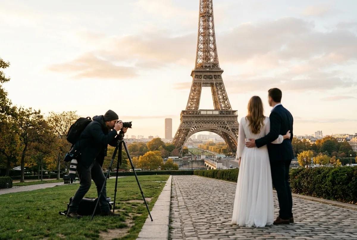 Eiffel Tower photoshoot in Paris, a couple posing on a quiet morning near the tower while a photographer frames the shot in soft golden light
