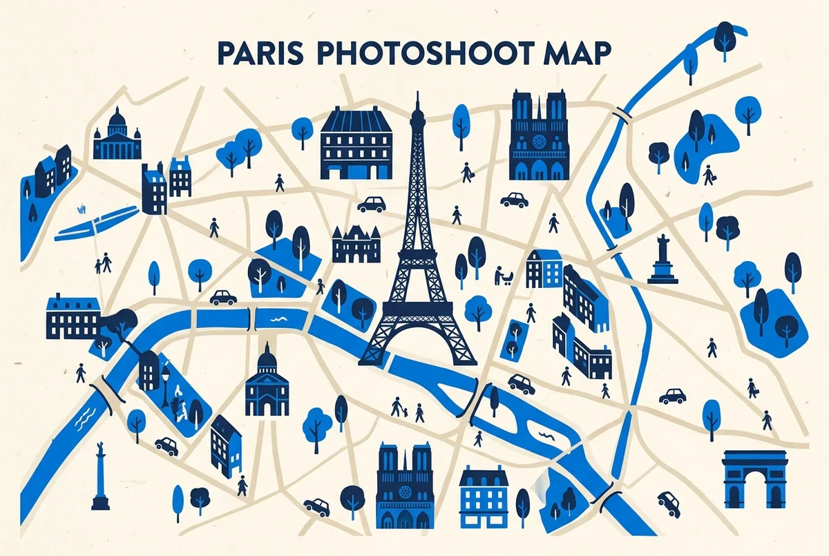 illustrated map of Paris highlights for Eiffel Tower Photoshoot in Paris: Packages and Tips, eiffel tower photoshoot