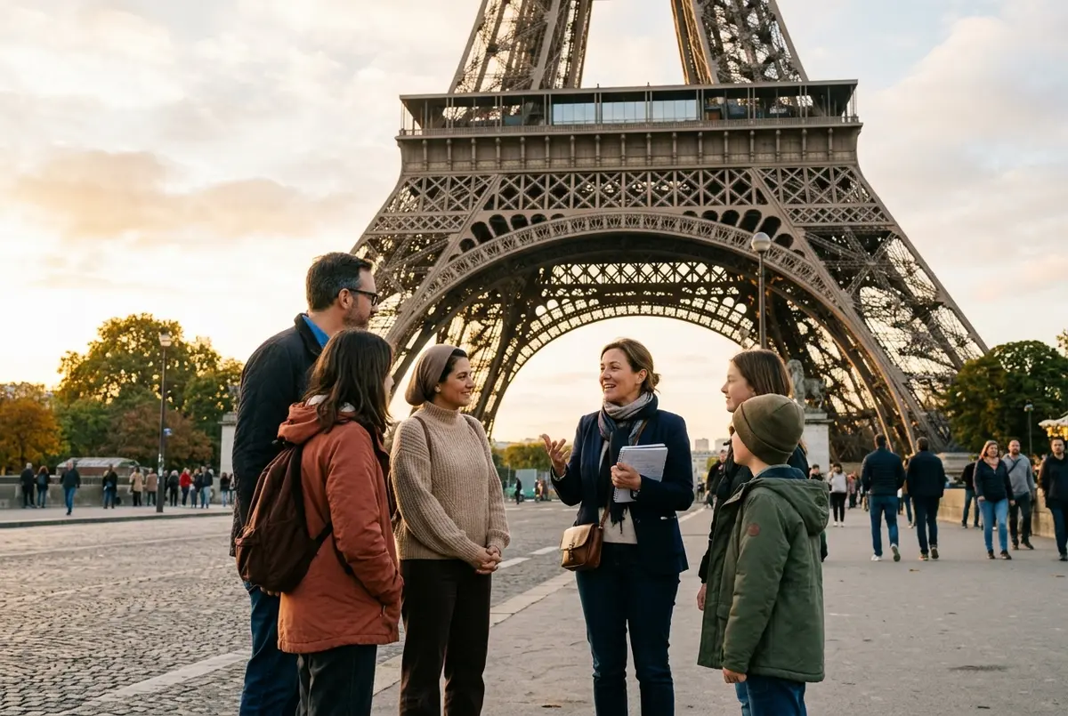 Guida privata che mostra Parigi a una famiglia dalla terrazza del secondo piano della Torre Eiffel, tour privato torre eiffel