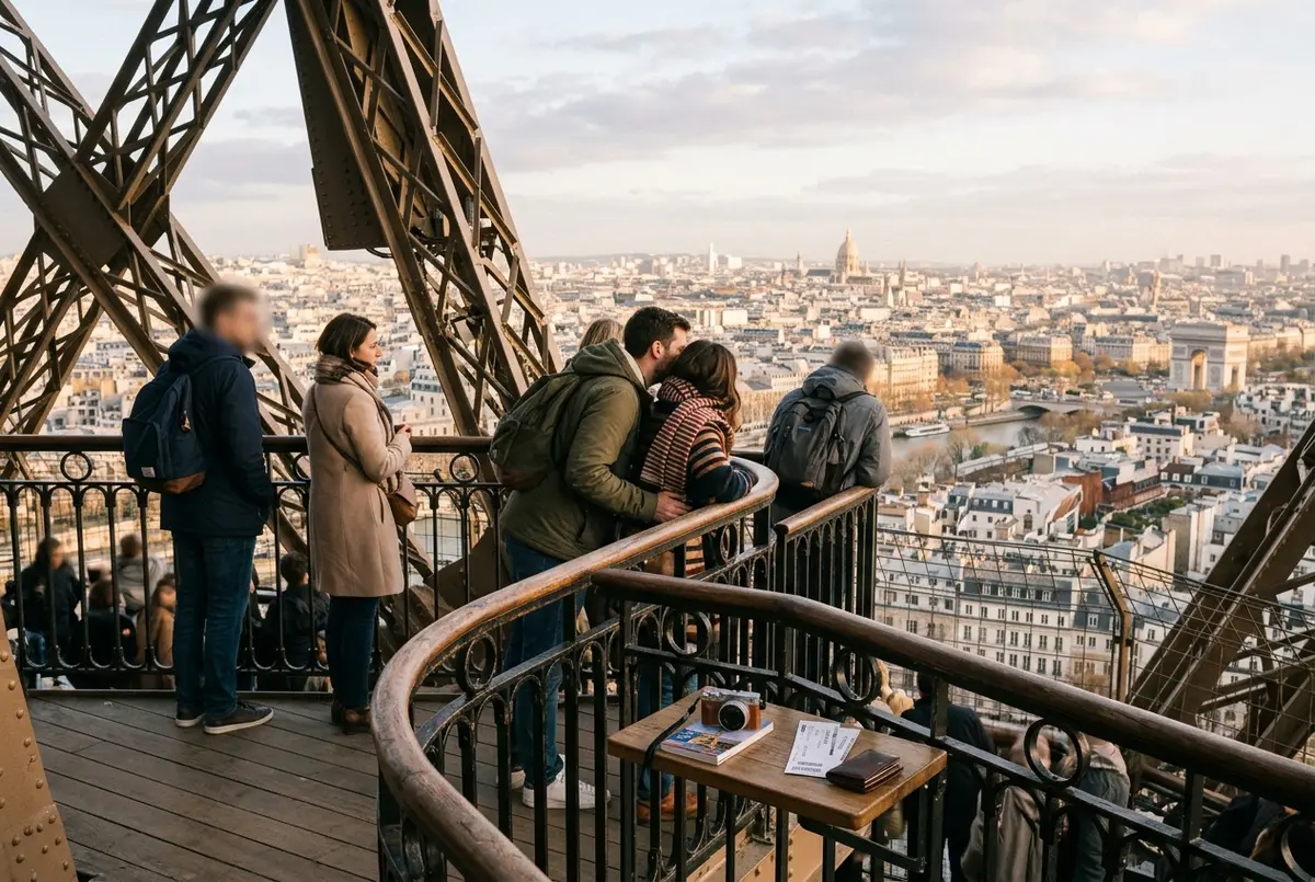 Visitantes en el mirador del segundo piso de la Torre Eiffel con el Arco del Triunfo y los bulevares de París al fondo en un día claro, segundo piso torre eiffel