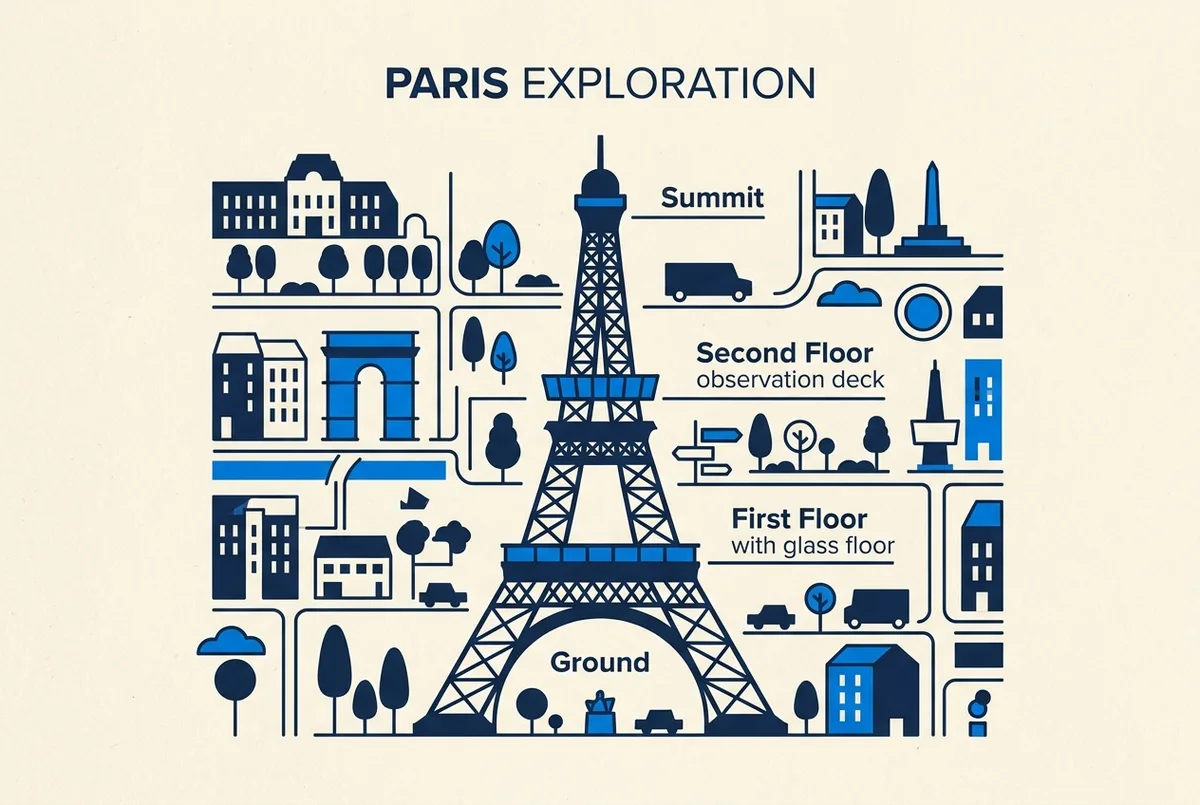 Esquema de los tres niveles de la Torre Eiffel con el segundo piso resaltado y flechas de ascensor desde el suelo, segundo piso torre eiffel