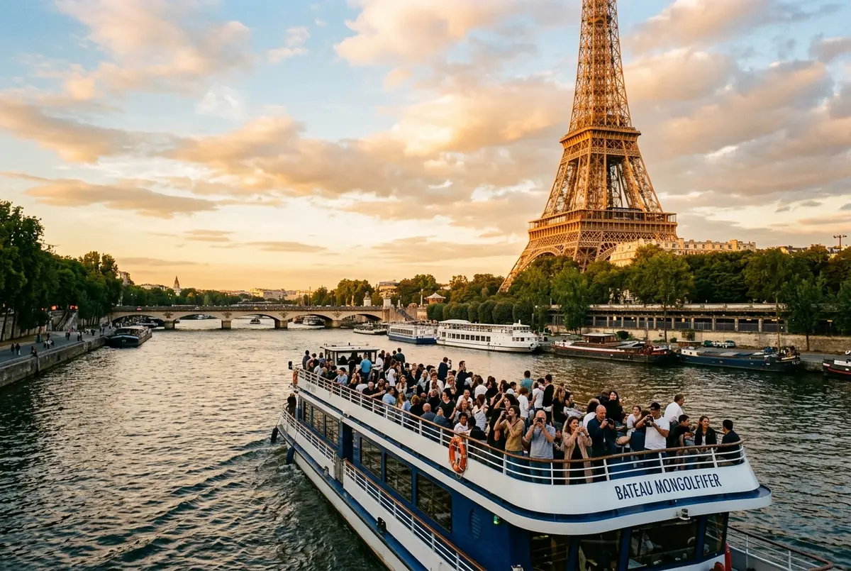Barco de crucero por el Sena pasando bajo un puente con la Torre Eiffel al fondo al atardecer, entradas torre eiffel y crucero por el sena