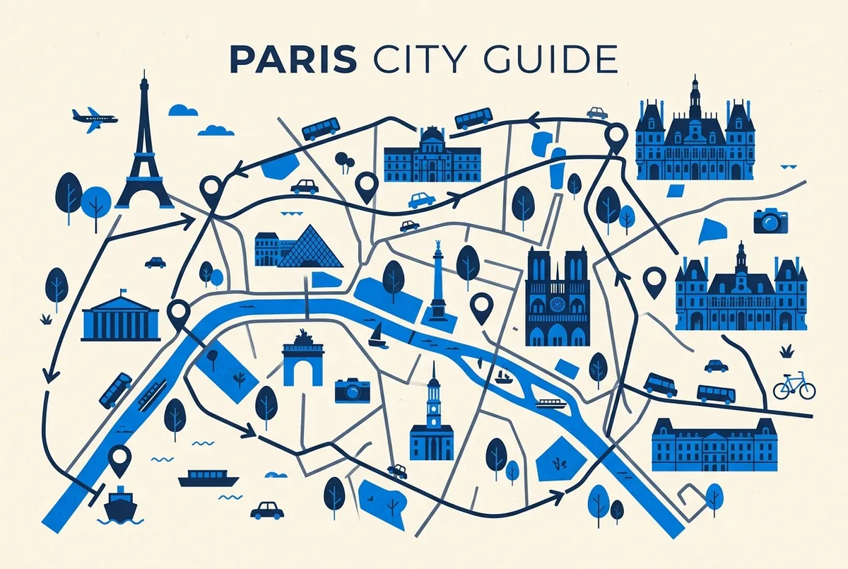 Mapa ilustrado del recorrido del crucero por el Sena desde la Torre Eiffel con Notre-Dame, el Louvre y el Ayuntamiento marcados, crucero por el sena y torre eiffel