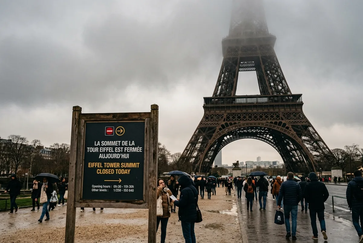Eiffel Tower summit hidden in low cloud above Paris with a notice board at the base, eiffel tower summit closed