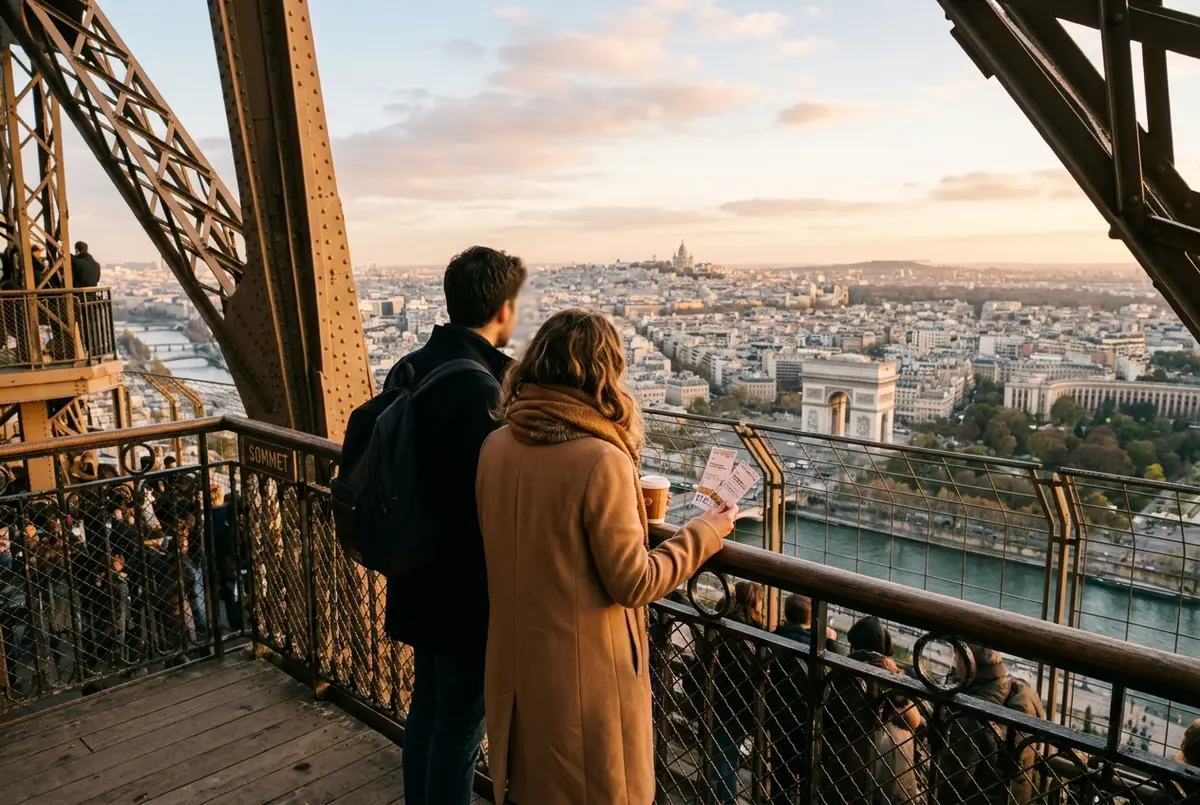 Visitantes na plataforma superior da Torre Eiffel ao pôr do sol com o horizonte de Paris ao fundo, bilhetes torre eiffel topo