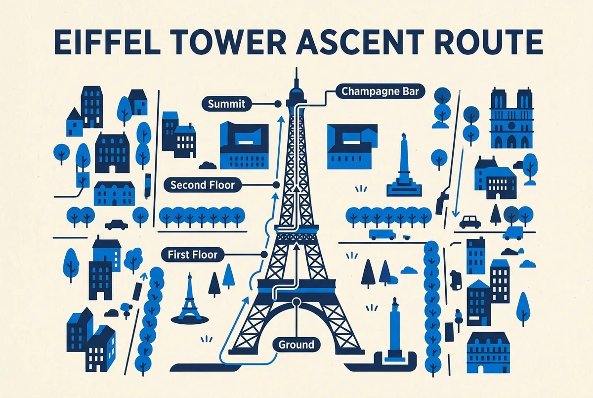 Mapa esquemático da Torre Eiffel com os três níveis de visita: primeiro andar, segundo andar e topo, e o percurso de elevador entre eles