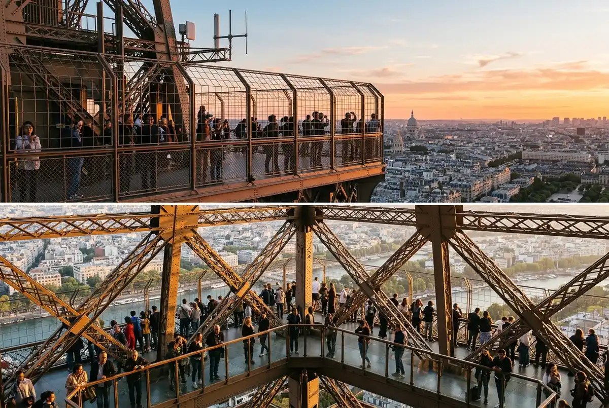 Split scene of the Eiffel Tower showing visitors on the second floor deck below and the open summit platform above at sunset, Eiffel Tower summit vs second floor