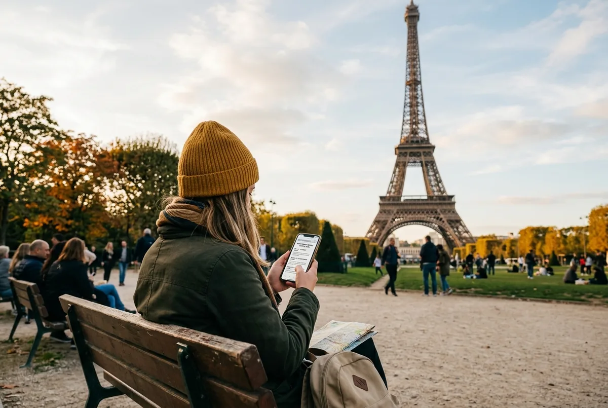 Traveler comparing Eiffel Tower ticket levels on a phone at the Champ de Mars with the tower rising behind, Eiffel Tower ticket price and cost by level