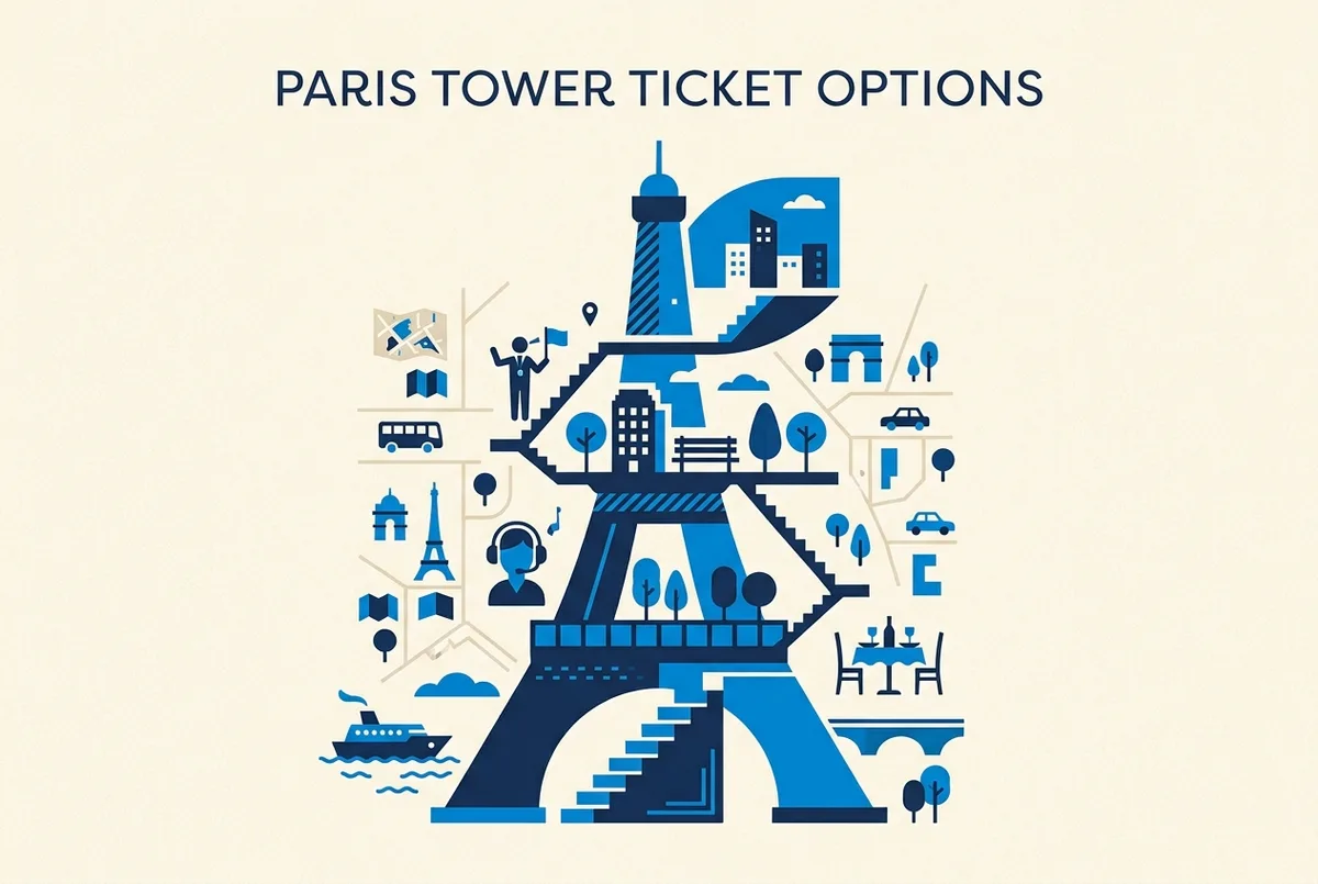 Price ladder infographic of Eiffel Tower ticket levels and methods, with generic labels: Stairs, Second Floor, Summit, Guided, Audioguide, Cruise, Dinner
