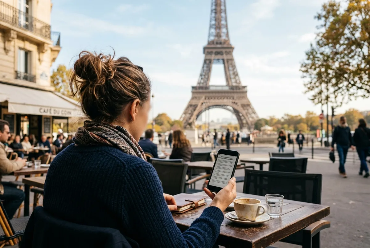 Traveler reading booking terms on a phone at a cafe table with the Eiffel Tower in the background, Eiffel Tower tickets refund policy and cancellation