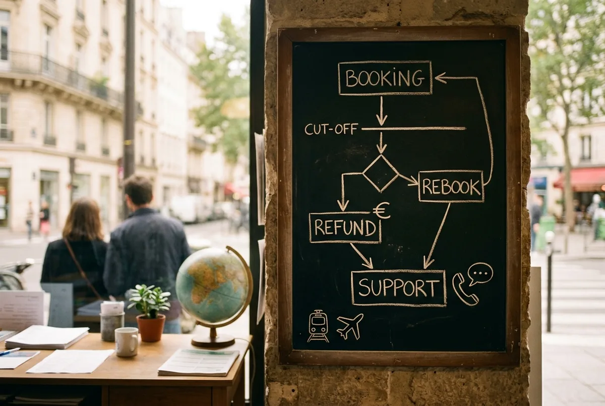 Simple flowchart style graphic of a ticket problem, from booking to cancellation cut-off to refund or rebooking, with generic labels: Booking, Cut-off, Refund, Rebook, Support