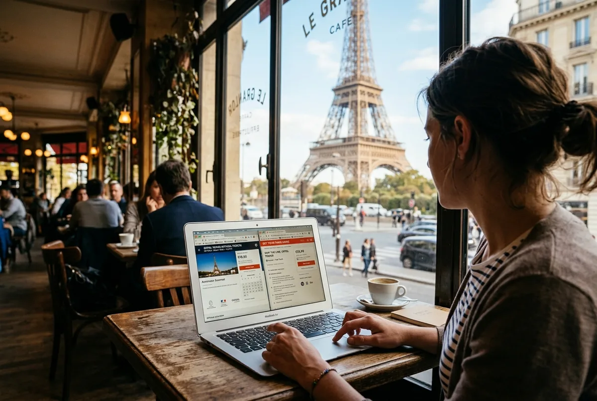 Traveler comparing two booking screens on a laptop with the Eiffel Tower visible through a Paris cafe window, eiffel tower tickets official site versus reseller