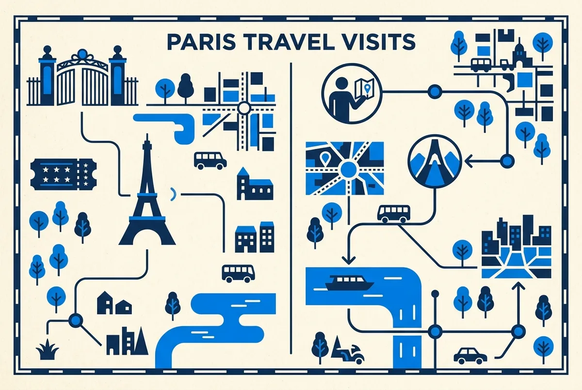 Side by side diagram comparing official entry ticket and reseller reserved slot packages for the Eiffel Tower, with generic labels: Entry Ticket, Reserved Slot, Guide, Summit Option, Cruise