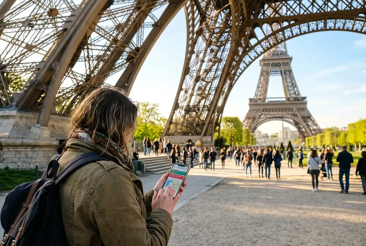 Viajante a reservar bilhetes de última hora no telemóvel ao lado da bilheteira junto à base da Torre Eiffel, comprar ingresso torre eiffel na hora