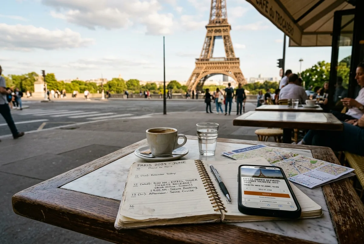 Calendário aberto numa mesa de café com a Torre Eiffel ao fundo, planear quando comprar bilhetes torre eiffel para a viagem a Paris