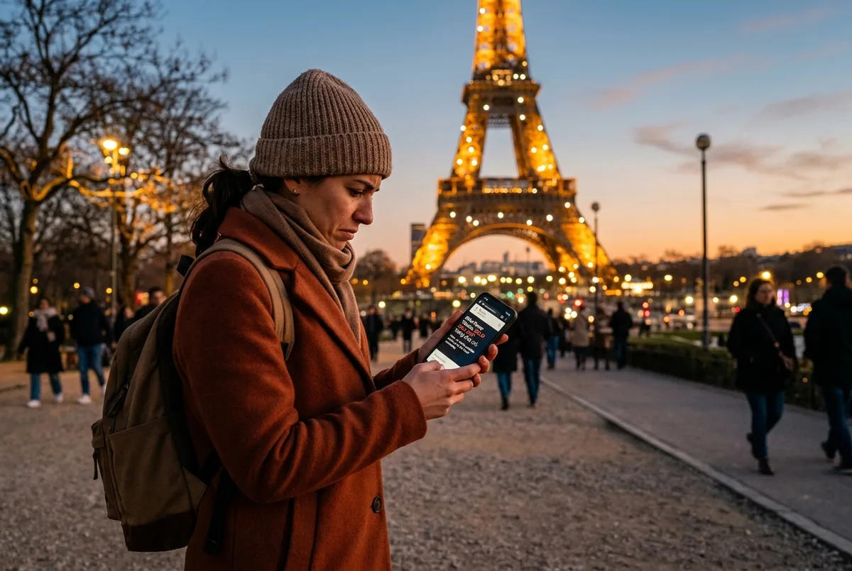 Traveler frowning at a sold out message on a phone beside the Eiffel Tower at dusk, eiffel tower tickets sold out scene in Paris