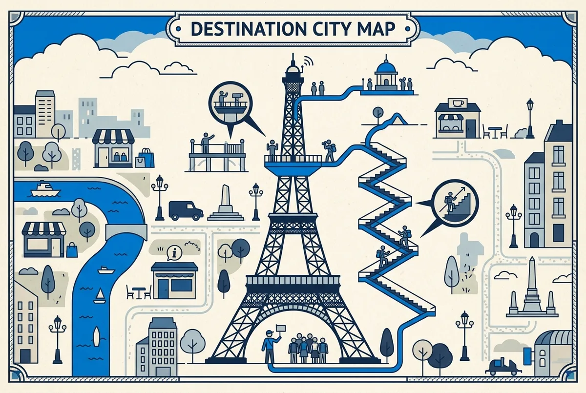 Illustrated map of the three visit routes at the Eiffel Tower when tickets are sold out, with generic labels: Second Floor, Summit, Stairs Climb, Guided Tour