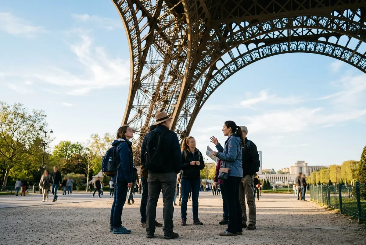 Eiffel Tower tour in Paris, a guide with a small group of visitors gathered beneath the tower's iron legs on a bright morning
