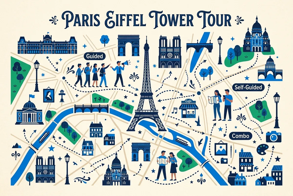 illustrated map of Paris highlights for Eiffel Tower Tour: Guided, Self-Guided and Combo Options, eiffel tower tour