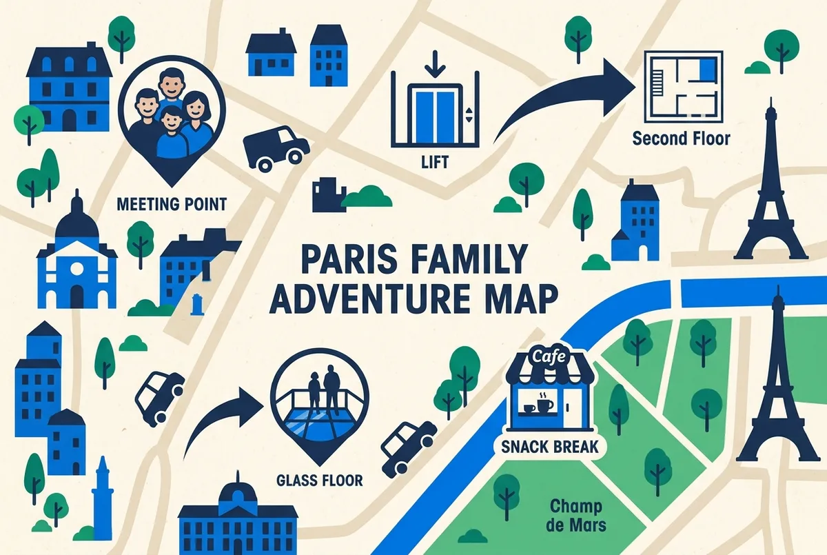Family visit map with generic labels: Meeting Point, Lift, Second Floor, Glass Floor, Snack Break, Champ de Mars