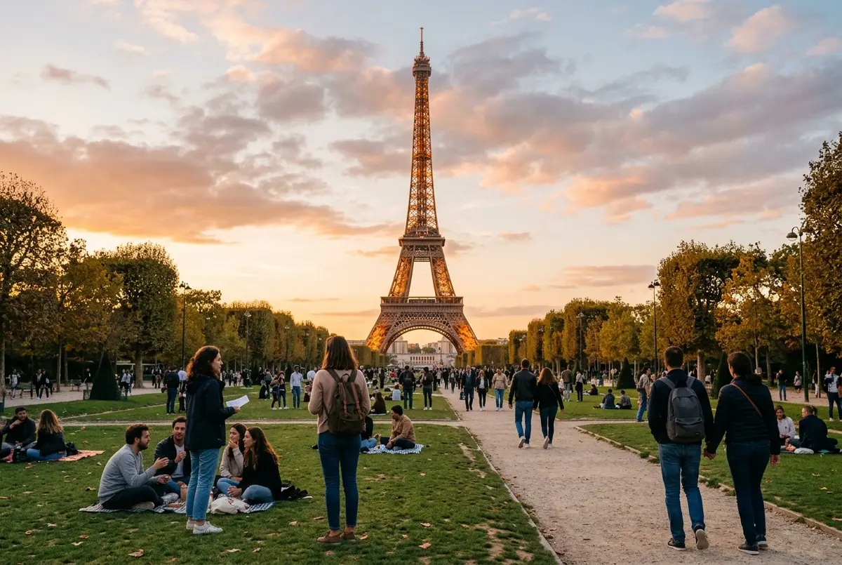 Eiffel Tower tickets: the tower at golden hour seen from the Champ de Mars lawns with visitors in the foreground